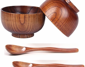 Monrocco 2 Sets Wooden Bowl and Spoon Dinnerware Set for Rice Miso Serving