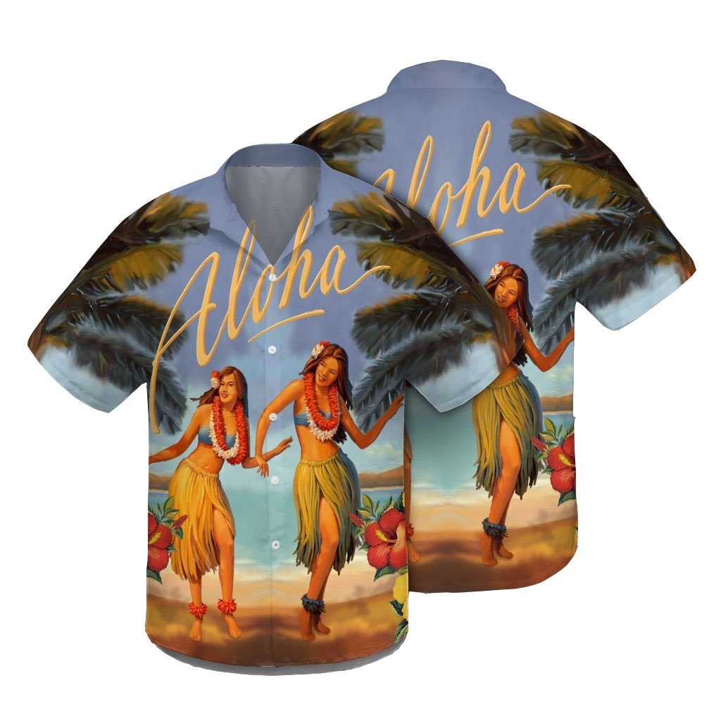 Hawaiian Aloha Hula Girl Hibiscus Polynesian Hawaiian Shirt Etsy