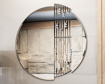 Großer asymmetrischer Spiegel für das Wohnzimmer – Boho-Rundgolddekor, schicke Wohndekoration, einzigartiger runder Kosmetikspiegel, Wandkunst für das Badezimmer
