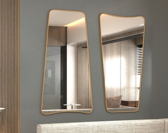 Welliger asymmetrischer Gold-Wandspiegel für Badezimmer-Waschtisch – moderne, schicke Inneneinrichtung, unregelmäßiger Spiegel für Wohnzimmer, elegante Waschtisch-Ästhetik