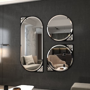 Curved Gold Mirror Collection - Asymmetrical Bathroom Vanity Mirror, Round Aesthetic Irregular Wall Mirror, Unique Long Modern Mirror Set