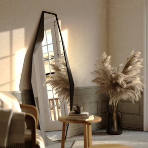 Modern Full-Length Free Standing Irregular Gold Mirror, Unique Asymmetrical Floor Mirror, Irregular Full body, Large Bathroom Vanity Mirror