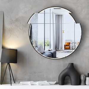 Boho Irregular Asymmetrical Round Vanity Mirror, Statement Piece for Living Room Decor, Unique Bathroom Vanity Mirror, Housewarming Wall Art