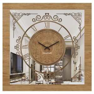 Antique Roman Numerals Wall Clock in Gold Khaki | Oversized Kitchen Clock for Vintage Charm, Large Silent Retro Clock for Living Room Decor