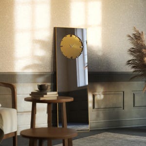 Full Length Mirror Floor Mirror Mirror Home Décor | Large Modern Mirror Clock with Wood Frame – Decorative Leaner Wall Mirror - Gold Mirror