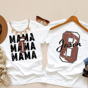 Personalizowana koszulka Football Mama, spersonalizowana koszulka piłkarska dla mamy Game Day, imię i numer dziecka oraz koszulka z sezonem gry w piłkę nożną, koszulka sportowa Game Day