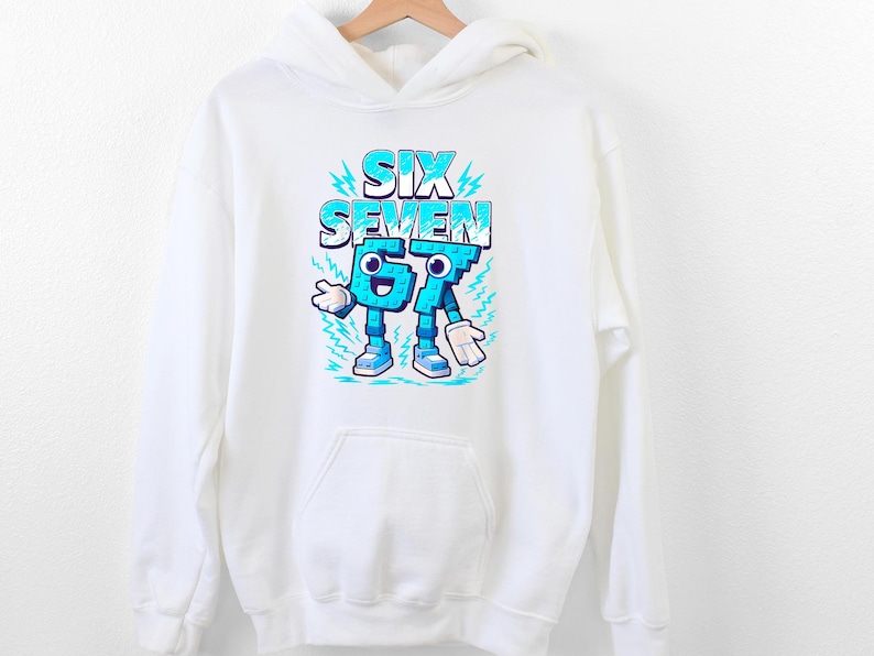 May include: White hooded sweatshirt with a front graphic. The graphic displays the words "SIX SEVEN" in blue, with the numbers "67" designed as cartoon characters with arms, legs, and shoes. The design has a playful, cartoonish style.