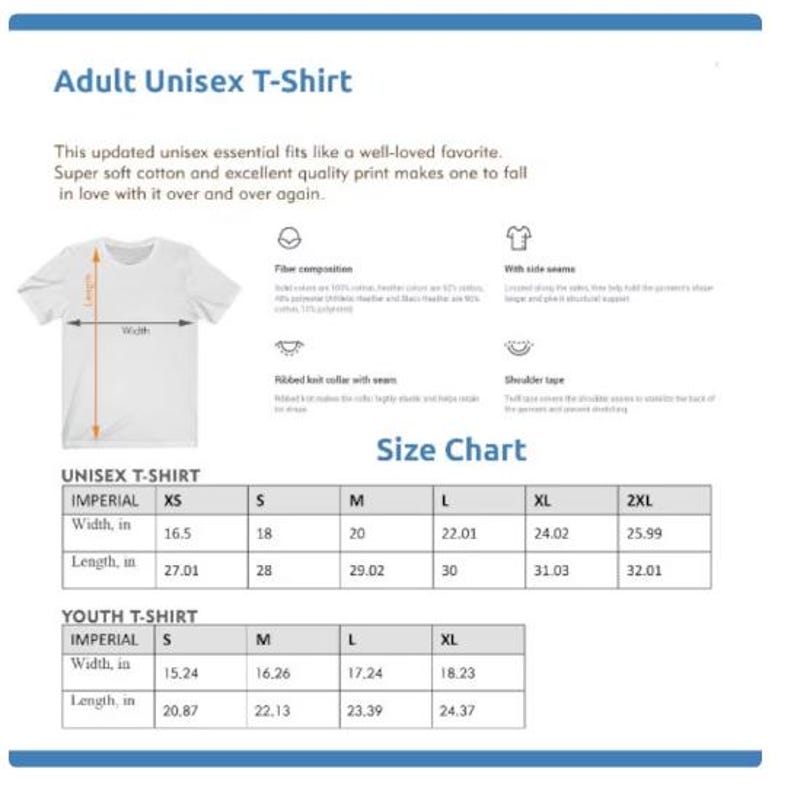 以下が含まれることがあります： ユニセックスと子供用Tシャツのサイズ表。表は、XS、S、M、L、XL、2XLのサイズについて、幅と長さをインチで示しています。表には、「ユニセックスTシャツ」と「子供用Tシャツ」のラベルが付けられています。