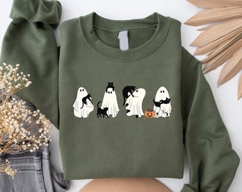 Ghost Black Cats Sweatshirt, Halloween Black Cat Sweatshirt, Spooky Season Tees, Funny Ghost Cat Outfit, Cute Pumpkin Clothing Gifts