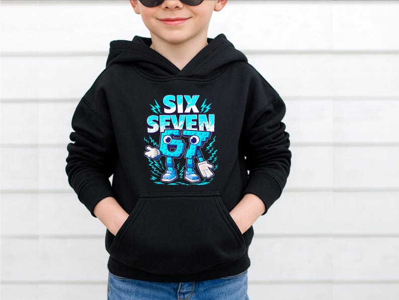 May include: Black hooded sweatshirt with a front pocket. The sweatshirt features the text "SIX SEVEN" in white and blue, with a cartoon number 67 character. The design includes lightning bolts and a cartoon character.