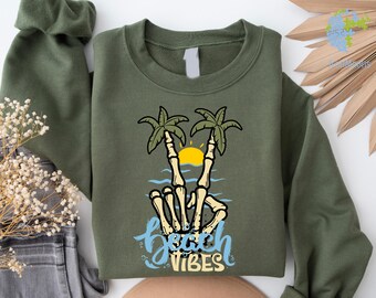 Beach Vibes Sweatshirt, Skeleton Hand Palm Tree, Plus Size Coverup