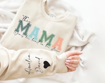 Personalized Mama Sweatshirt with Kid Name Sleeves, Momma Hoodie