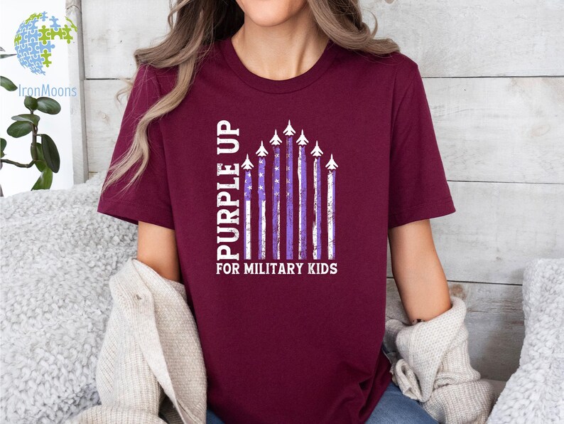 Purple Up For The Military Child T-Shirt, Month of Military Child Shirt, Army Soldier Kids Gift, Boots US Flag Shirt, Purple USA Flag Shirt image 6