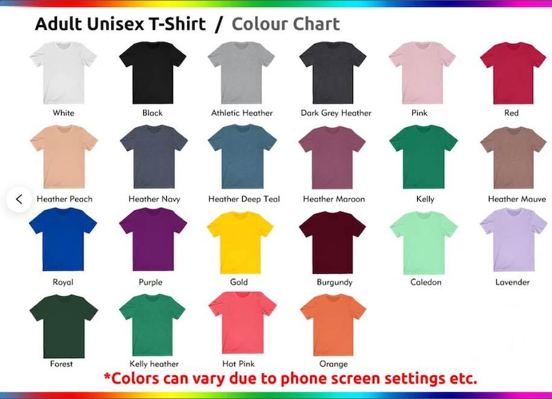 以下が含まれることがあります： 大人用ユニセックスTシャツのカラーチャート。チャートには、白、黒、ヘザーピーチ、ヘザーネイビー、ヘザードープティール、ヘザーマルーン、ケリー、ヘザーモーブ、ロイヤル、パープル、ゴールド、バーガンディー、カレドン、ラベンダー、フォレスト、ケリーヘザー、ホットピンク、オレンジなど、20種類の異なる色が表示されています。