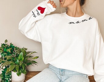 Custom Mama Sweatshirt with Kid Name Sleeves, Personalized Momma Hoodie