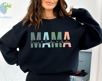 Personalized Mama Sweatshirt, Custom Kid Name Sleeve, Momma Hoodie