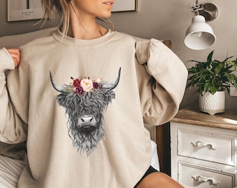 Highland Cow Sweatshirt, Floral Crown, Heifer Shirt
