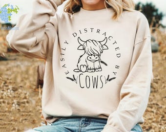 Easily Distracted By Cows Sweat,Cow Sweatshirt,Aesthetic Sweater,Funny Cow Shirt,Farm Love Shirts,Farm Animal Tshirt,Humorous Saying Sweater