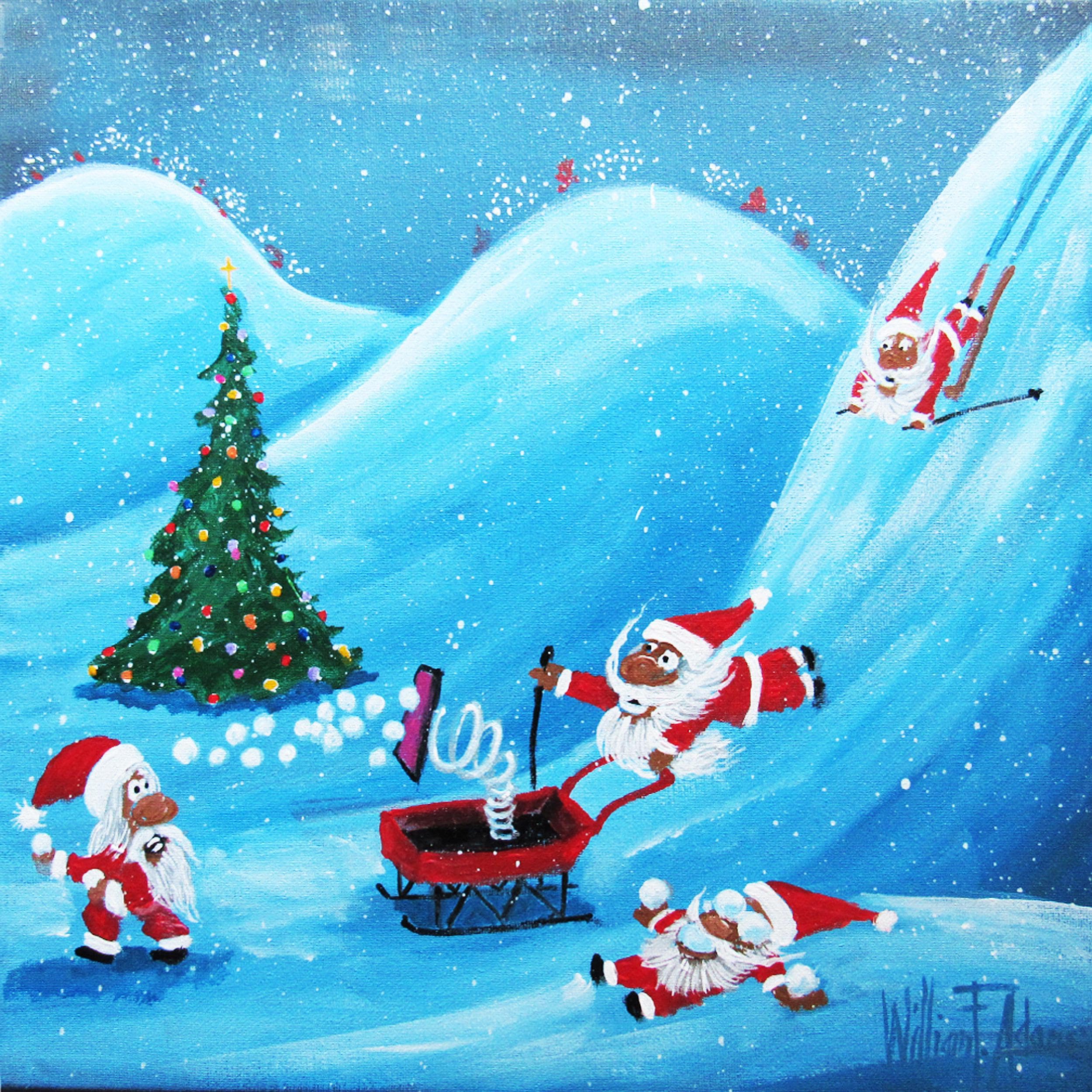 Christmas Gnomes Snowball Fight Painting: Original Holiday Canvas