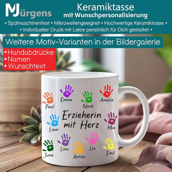 Tasse • Personalisiert • Namen • Handabdrücke • Dankeschön • Erzieherin • Schulklasse • Geburtstag • Wunschtext • Geschenk