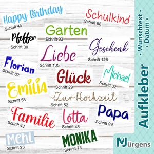 Könnte beinhalten: Eine Sammlung von selbstklebenden Vinyl-Etiketten mit verschiedenen Wörtern und Namen in unterschiedlichen Schriftarten und Farben, darunter Happy Birthday, Schulkind, Pfeffer, Garten, Liebe, Geschenk, Florian, Glück, Michael, Emilia, Zur Hochzeit, Familie, Lotta, Papa, Mehl und Monika.
