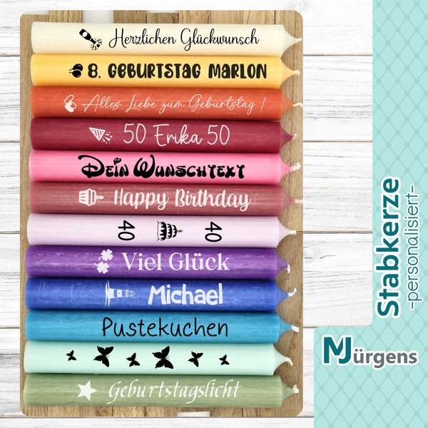 Geburtstagskerze mit Wunschtext und Motiv - bunte Stabkerze zum Geburtstag - Happy Birthday - individuell personalisierbar