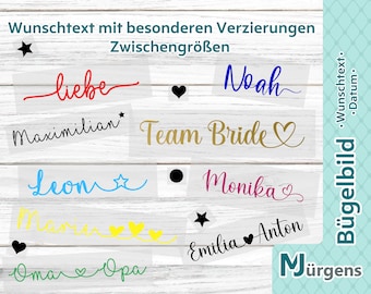 Bügelbild mit Verzierungen - personalisiert - Wunschtext - Bügelname - in x,5 Größen - Bügelfolie - Schriftzüge zum Aufbügeln