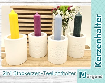 2in1 Kerzenständer für Stabkerzen und Teelichter • Kerzenhalter • Deko • neutral • Herz • Schneeflocke • Tannenbaum • mit Kerzentülle