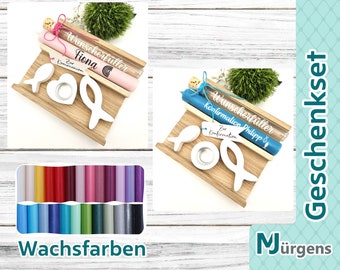 Geschenkset Kommunion • Konfirmation • Taufe • Firmung • Wunscherfüller • Reagenzglas • Stabkerze • Kerzenhalter • Fische • Name • Geschenk