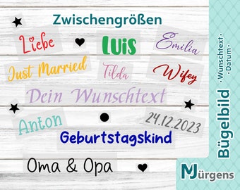 Bügelbild  Name - Wunschtext - Zahlen  Datum - personalisiert  x,5cm Größen - Bügelname - Bügelbild - Bügelfolie - Schriftzüge zum Aufbügeln