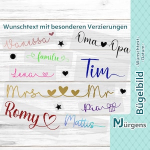 Schriftzug zum Aufbügeln mit Verzierungen - Flex - Flock - Glitzer uvm. - personalisiert - Wunschtext - Bügelname - Bügelbild - Bügelfolie