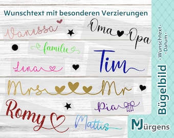 Schriftzug zum Aufbügeln mit Verzierungen - Flex - Flock - Glitzer uvm. - personalisiert - Wunschtext - Bügelname - Bügelbild - Bügelfolie