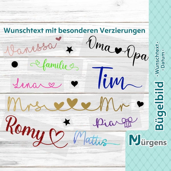 Schriftzug zum Aufbügeln mit Verzierungen - Flex - Flock - Glitzer uvm. - personalisiert - Wunschtext - Bügelname - Bügelbild - Bügelfolie