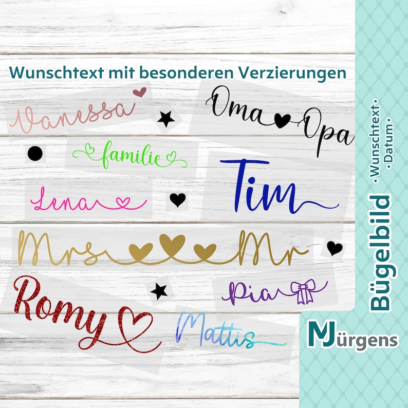 Schriftzug zum Aufbügeln mit Verzierungen Flex Flock Glitzer uvm. personalisiert Wunschtext Bügelname Bügelbild Bügelfolie Bild 1