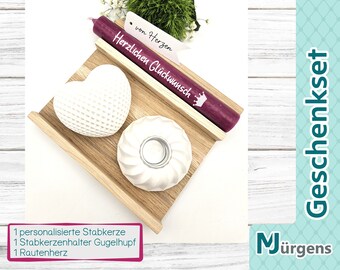 Geschenkset Stabkerze • Stabkerzenhalter Gugelhupf • Rauten Herz • Kerzenhalter • Name • Wunschtext • Geschenk