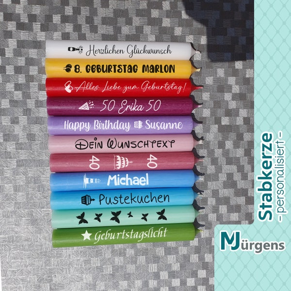 Geburtstagskerze mit Wunschtext und Motiv - bunte Stabkerze zum Geburtstag - Happy Birthday - individuell personalisierbar