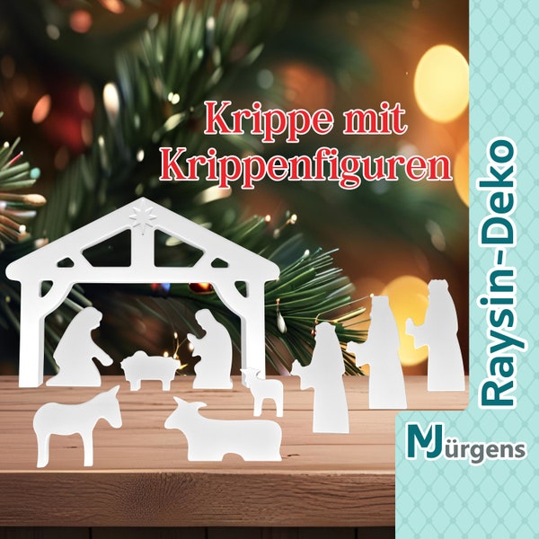 Krippe • Krippenstall • Maria Josef Jesuskind • Christkind • Krippenfiguren • Esel • Ochse • Schaf • Könige • Raysin •weiß • Geschenk • Deko