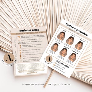 May include: A pink and brown illustrated card with the text "Eyebrow Procedure: What to Expect" and a series of illustrations showing the stages of eyebrow healing after a procedure. The card also includes contact information for the business.
