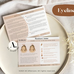Puede incluir: Instrucciones de cuidado posterior al tatuaje de delineador de ojos con imágenes de antes y después de la cara de una mujer. Las instrucciones incluyen información sobre cómo cuidar el área tratada, como la limpieza, la hidratación y la evitación de la exposición al sol. El texto también incluye el nombre de la empresa y la información de contacto.