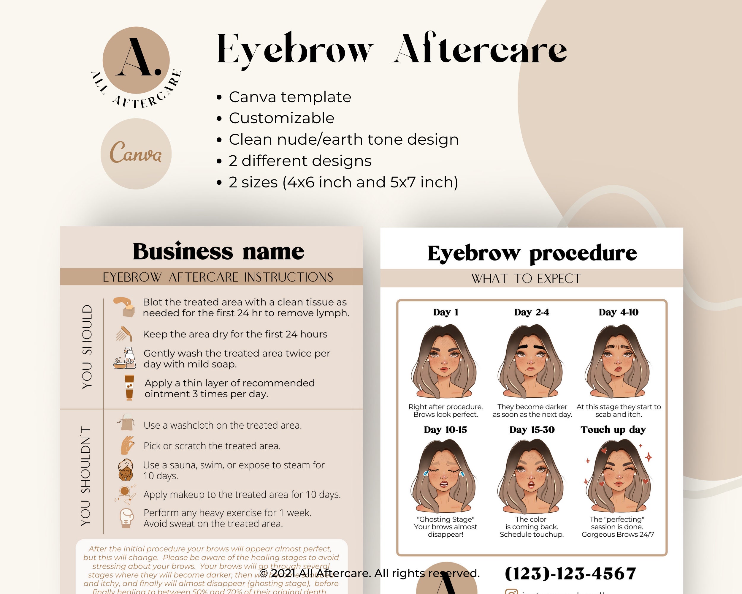 Editable Eyebrow Aftercare Cards, Includes 4 X 6 and 5 X 7 Designs