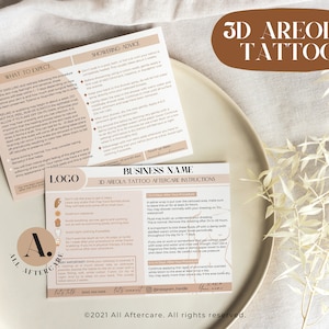 Cartões editáveis de cuidados posteriores para tatuagem de aréola em 3D, modelos de 6" x 4" e 7" x 5", design frente e verso, modelo Canva, tema neutro para conselhos sobre banho