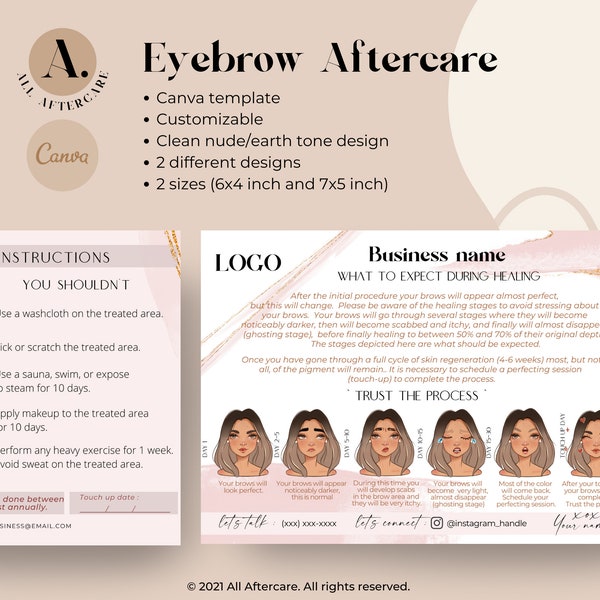 Editable Eyebrow Aftercare Cards, Includes 6 x 4 and 7 x 5 designs,  Microblading, Ombre brow aftercare, Canva template, Pink watercolor