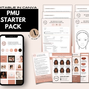 PMU Starter Pack, Eyebrows, Lip Blush, Eyeliner, Consent, Pre-Procedure, Aftercare, Consult, Model Agreement, IG template, Editable in Canva