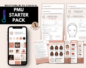 PMU Starter Pack, Eyebrows, Lip Blush, Eyeliner, Consent, Pre-Procedure, Aftercare, Consult, Model Agreement, IG template, Editable in Canva