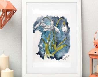 Snödroppeblomma bläck- och akvarellkonsttryck - Januari födelseblomma