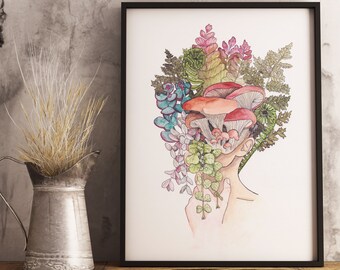 Mushroom Botanical Choke Illustration Watercolor Print