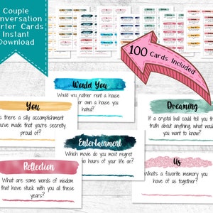 Tarjetas de conversación imprimibles para parejas, tarjetas de cita nocturna, iniciadores de conversación, juego de cita, cita nocturna en casa, día de San Valentín en casa