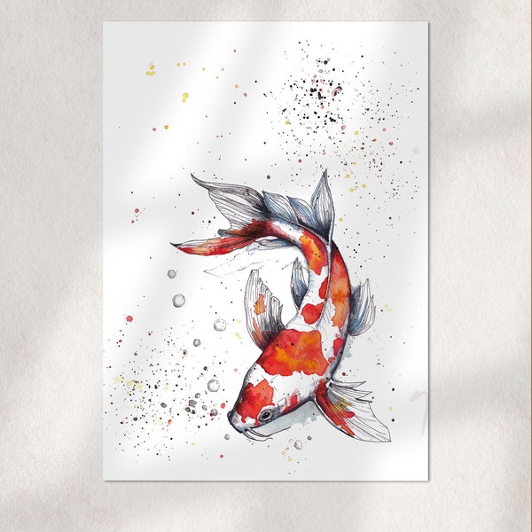 Limitierte Edition: Kunstdruck "Koi" | Handgemalte Aquarell Tusche Illustration | Wandbild Fisch selbstgemalt | DIN A4; 21 × 29,7 cm