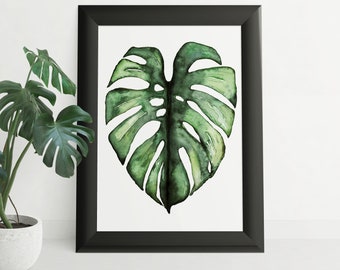 Art print "Monstera Deliciosa" | Hand painted watercolor illustration of window leaf | Mural plant self-painted A5