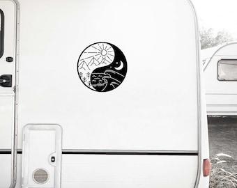 Camper Stickers, RV Decals, Day Night Stickers, Van Stickers, Motorhome Sticker, Mountain Wave Decal, Yin Yang Car Decal, Sun and Moon Decal